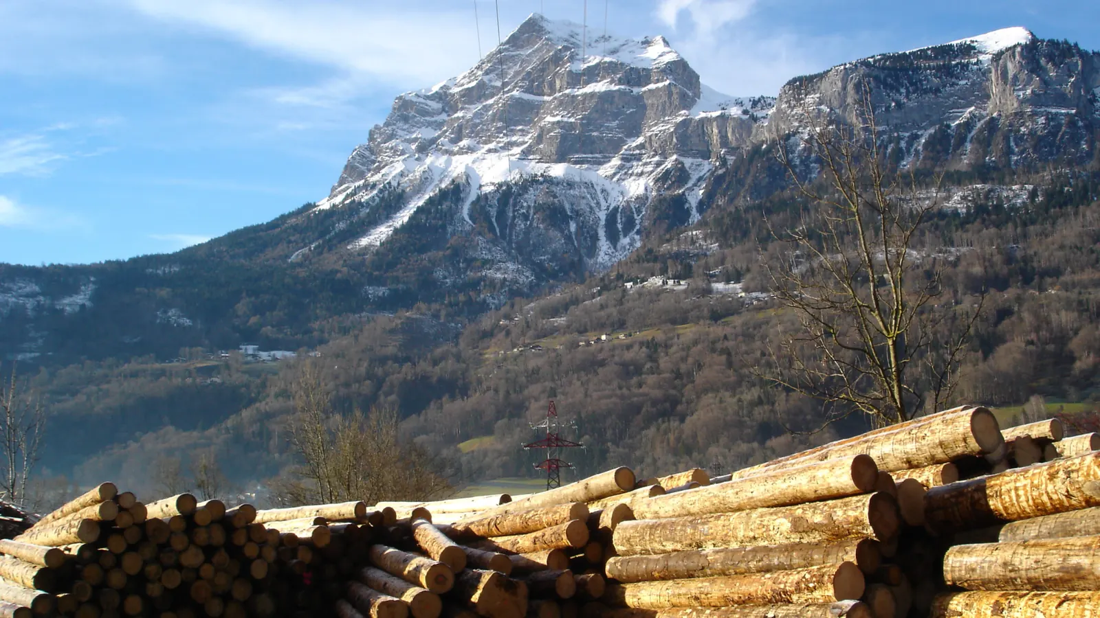 La scierie face aux montagnes de la vallée de l'Arve